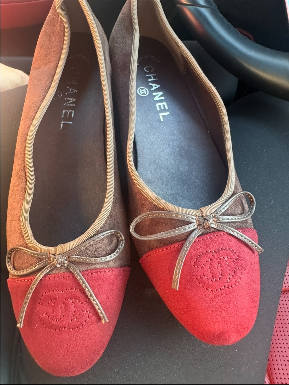 CHANEL Brown Suede Flats with Red Suede Toe Caps